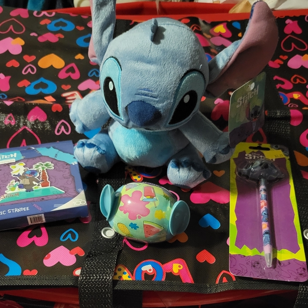 Stitch Disney Bundle of New 4 Items: Pen, Acyrlic Stand, Stuffed Doll, Figurine